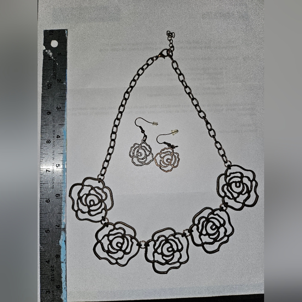 Brass Colored Rose Necklace and Earring Set